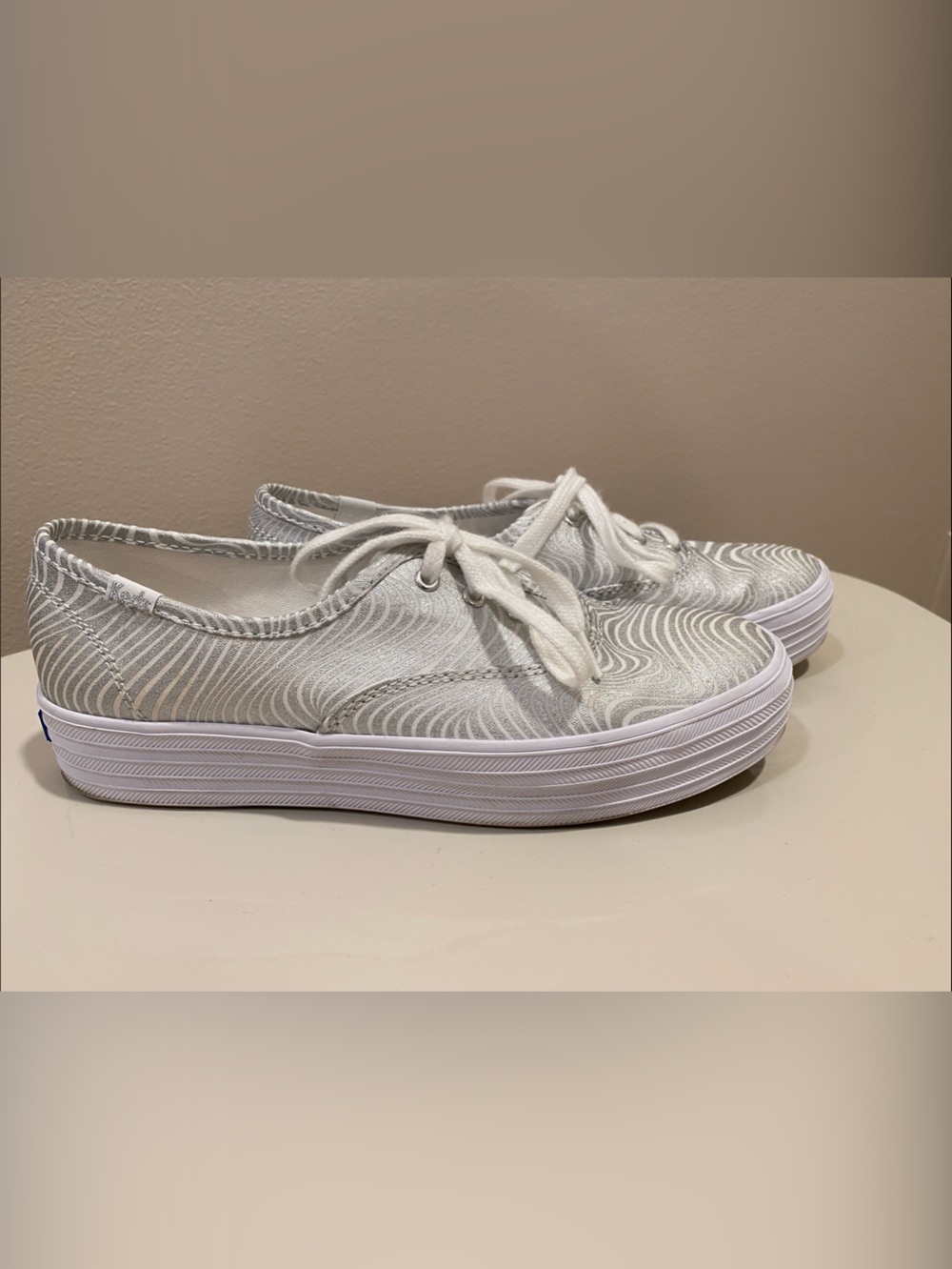 Keds Platform Canvas Sneakers White and Silver Wave-Pattern
